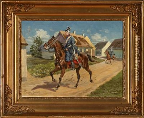 Two Dragoons On Horseback Oil Painting - Karl Frederik Christian Hansen-Reistrup