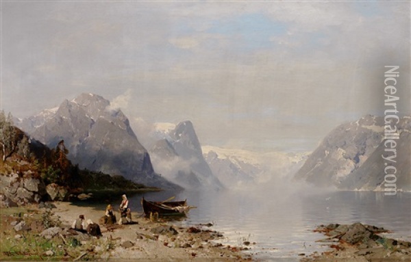 Sommerliche Fjordlandschaft Mit Angelegtem Nachen Und Figurenstaffage Oil Painting - Georg Anton Rasmussen