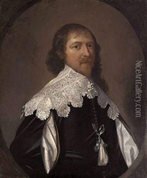 Portrait Of A Gentleman In A Black Slashed Doublet And Falling Lace Collar Oil Painting - Cornelis Jonson Van Ceulen