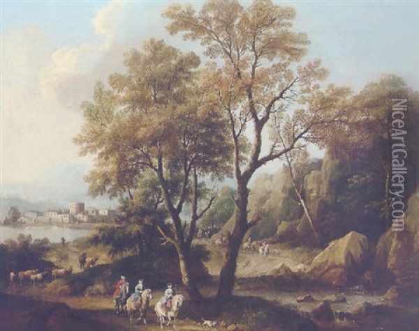 A River Landscape With Elegant Figures Riding On Horseback And A Herdsman Driving His Cattle On A Track Beyond Oil Painting - Giovanni Battista Cimaroli