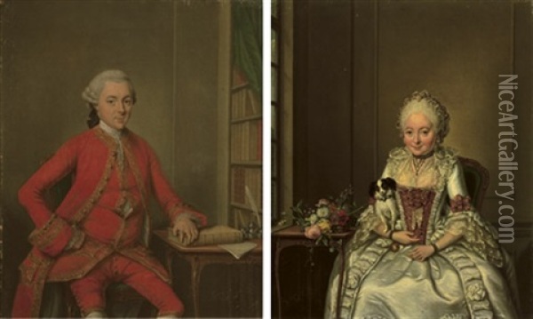 Portrait Of Gentleman In A Red Costume And Wig (+ Portrait Of A Lady In A White Satin Dress; Pair) Oil Painting - Jan Maurits Quinkhardt