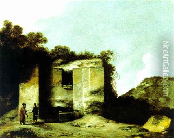 Zwei Manner Vor Einer Ruine In Einer Landschaft Oil Painting - Jacob Sibrandi Mancadan