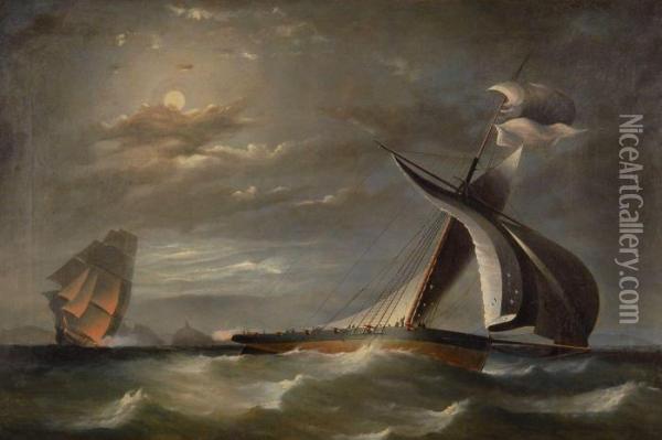Moonlit Naval Battle Scene Oil Painting - Thomas Buttersworth