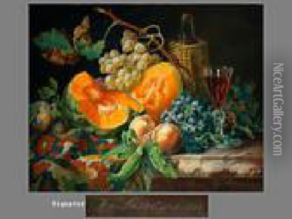 Fruchtestilleben Mit Melone, Weintrauben Und Rotweinpokal Oil Painting - Josef Lauer