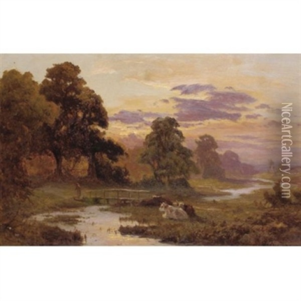 Cattle Grazing At Sunset (+ Fishing On The River, Oil On Canvas; 2 Works) Oil Painting - Edward Henry Holder