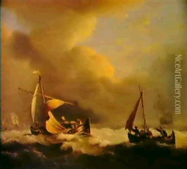 Dutch Fishing Boats In Choppy Seas Oil Painting - Thomas Luny