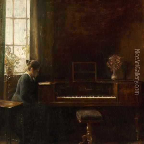 Interior With A Woman Atthe Piano Oil Painting - Carl Vilhelm Holsoe