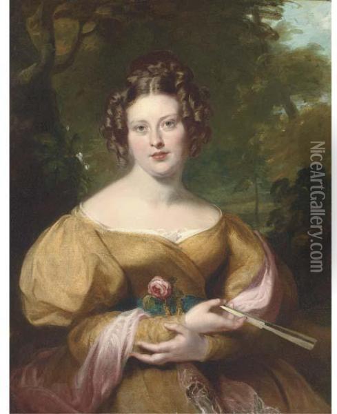 Portrait Of Mrs Peel, Half-length, Wearing A Gold Dress With A Pinkshawl, Holding A Rose And Fan, A Landscape Beyond Oil Painting - Benjamin Rawlinson Faulkner