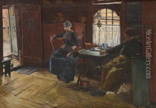 Couple De Paysans Hollandais Attables Dans Un Interieur. Oil Painting - Jules Benoit-Levy