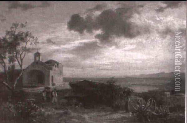 Sizilianische Landschaft Mit Kapelle Uber Dem Meer Oil Painting - August Wilhelm Leu