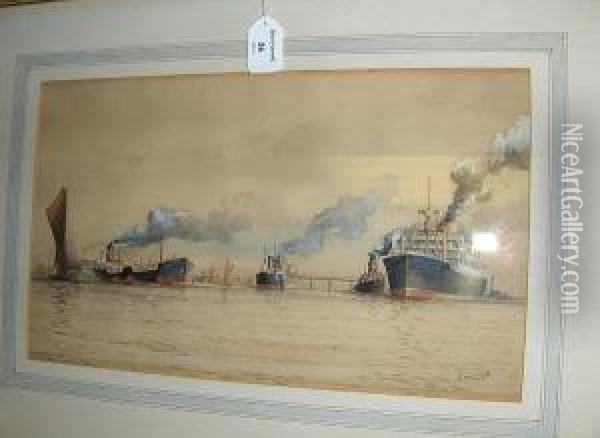 Steam Vessels In Dock, 1933 Oil Painting - Charles Stevens