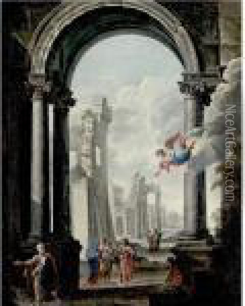 Architectural Capriccio With The Holy Family And Other Figures Oil Painting - Viviano Codazzi