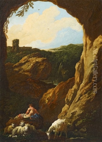Sudliche Landschaft Mit Burgruine Und Einem Hirten Oil Painting - Johann Heinrich Roos