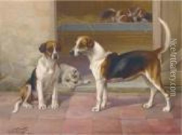 Bashful And Freedom, Two Hounds Before A Kennel Oil Painting - William Henry Hamilton Trood