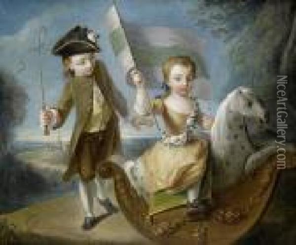 Portrait Of A Young Girl Seated On A Rocking Horse And A Boy Holding A Flag, Before An Open Landscape Oil Painting - Philippe Mercier