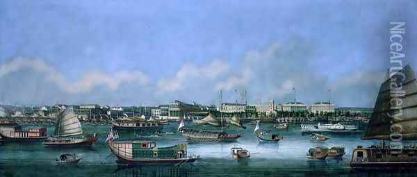 View of the Waterfront at Canton, c.1855 Oil Painting - Anonymous Artist
