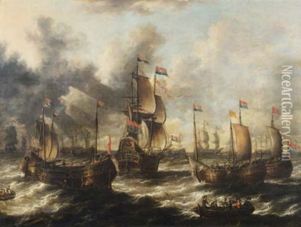 Navires Et Bateaux De Pecheurs En Pleine Mer; Navires Pres Des Cotes (pair) Oil Painting - Peter van den Velde