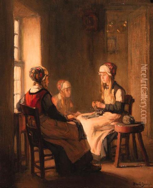 A Interior With Marken Girls Knitting Oil Painting - Joseph Bail
