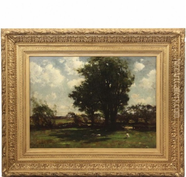 Pastoral Landscape With Sheep Grazing In Shade Of Tree Oil Painting - John Appleton Brown