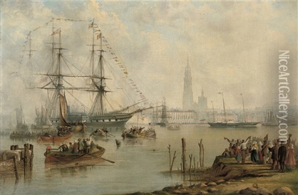 The British Royal Yacht "victoria & Albert Ii" Arriving At Antwerp With The Newly-wed Prussian Crown Prince And Princess Aboard Oil Painting - William Adolphus Knell