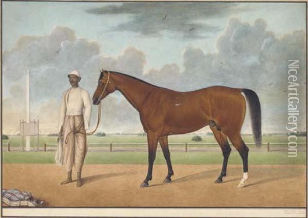 A Bay Horse Standing With A Groom Oil Painting - Shaikh Muhammad Amir Of Karraya