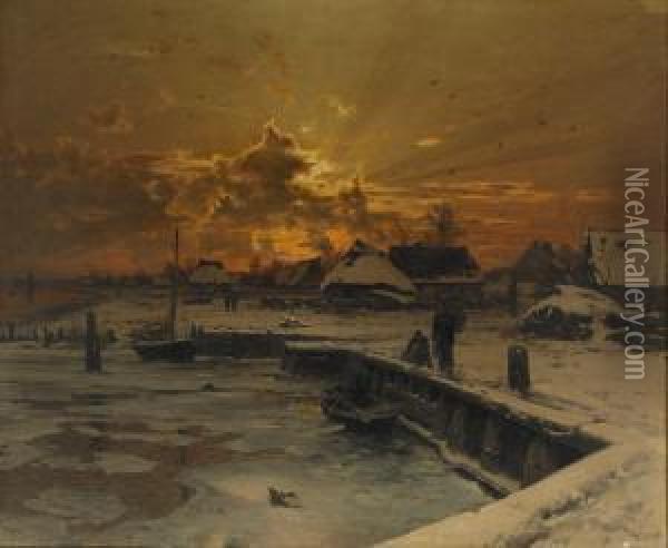 Fiskeby I Vinterskrud Oil Painting - Walter Moras