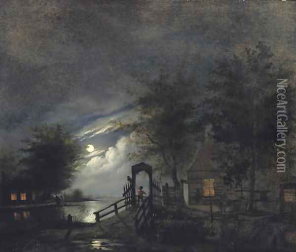 A moonlit river landscape Oil Painting - Bernardus Hagedoorn