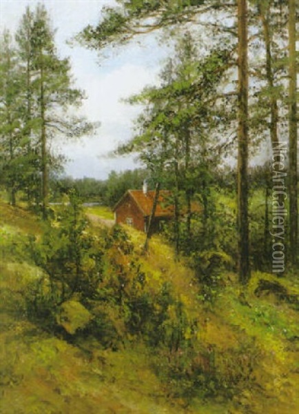 Rod Stuga I Skogen Oil Painting - Johan Severin Nilsson