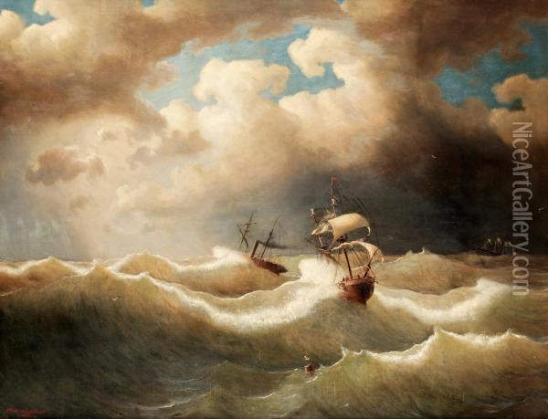 Marine With Troubled Sea With A Sailing Ship And Asteamer Oil Painting - Marcus Larson
