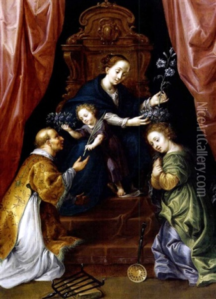 Maria Mit Dem Kind, Dem Heiligen Laurentius Und Einer Heiligen Oil Painting - Marten Pepyn