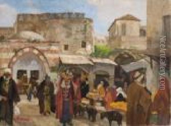 Jerusalem - Markt Vor Dem
 Damaskustor. Oil Painting - Georg Macco
