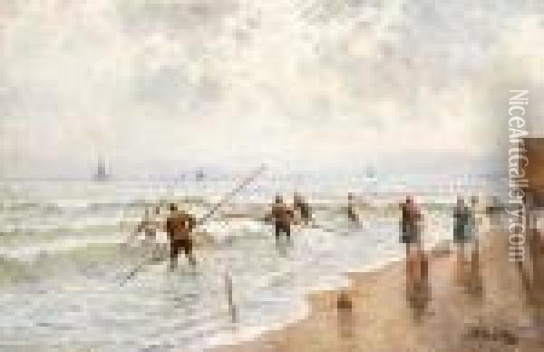 Napoli, Pescatori Di Telline Sul Lungomare Oil Painting - Attilio Pratella
