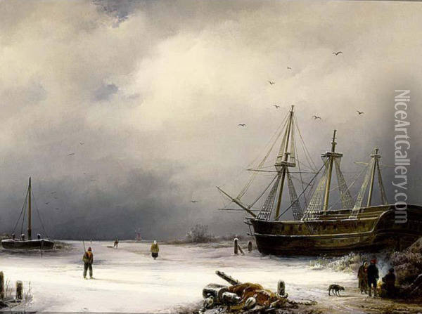 A Three-master In A Winter Landscape Oil Painting - Anton Braakman