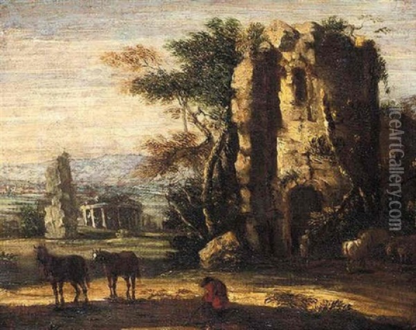 A Landscape With Classical Ruins, Horses And Peasants Oil Painting - Jan de Momper