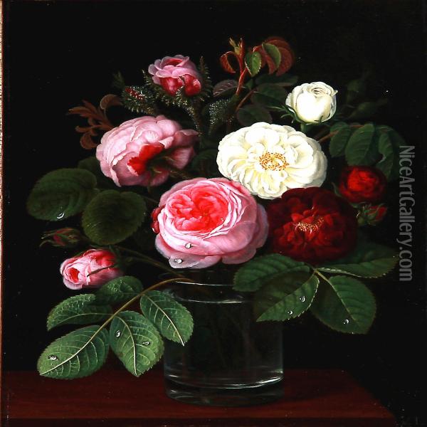 Still Life With Roses In A Vase Oil Painting - I.L. Jensen