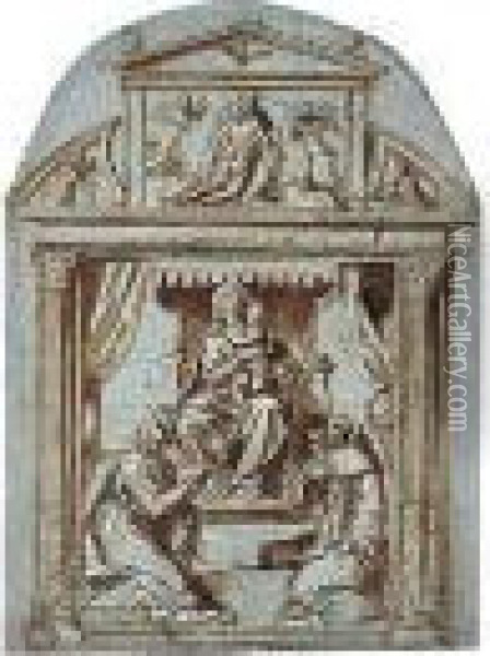 Study For An Altarpiece With The Madonna And Two Saints Within An Architectural Framework Oil Painting - Avanzino Nucci