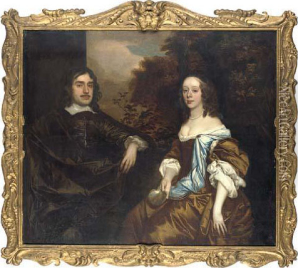 Double Portrait Of A Gentleman 
And A Lady, Possibly Members Of The Temple Family Of Stowe, Half-length,
 Seated In A Garden, He In A Dark Brown Suit And Cloak, She In A Brown 
Dress With Blue Shawl, Holding A Scallop Oil Painting - Sir Peter Lely