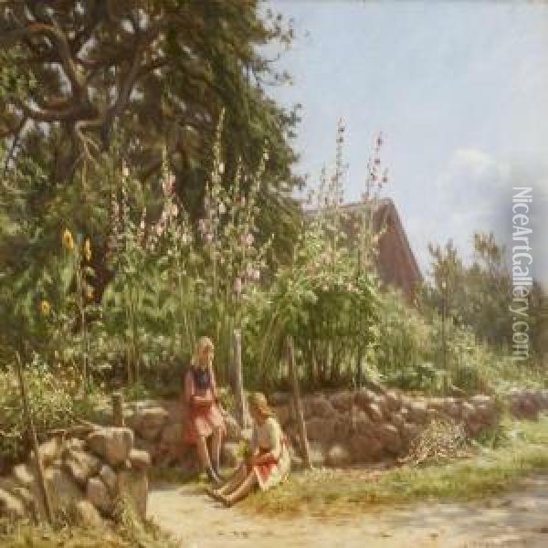 Two Girls Sitting By Stone Fence In Flowering Garden Oil Painting - Niels Frederik Schiottz-Jensen
