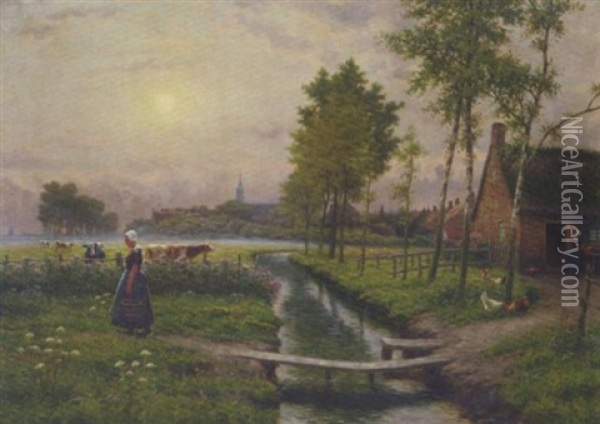 Farm Girl In A Misty Polder Landscape, A Village Beyond Oil Painting - Henri Houben