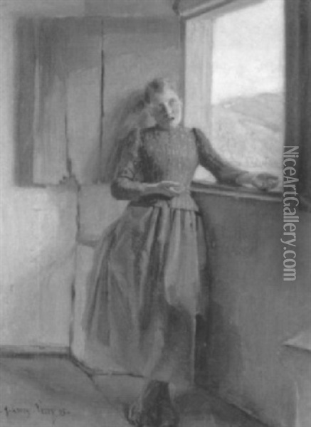 Jeune-fille Chantant Accoudee A La Fenetre Oil Painting - Jean Georges Ferry