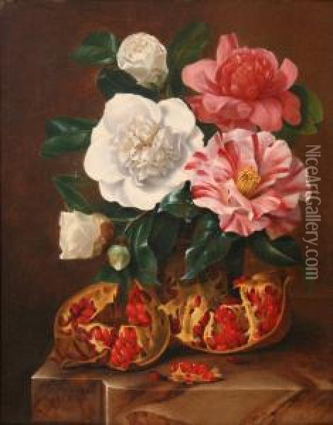 Still Life Study Of Camellias And Pomegranates On A Marble Ledge Oil Painting - Johann Carl Smirsch