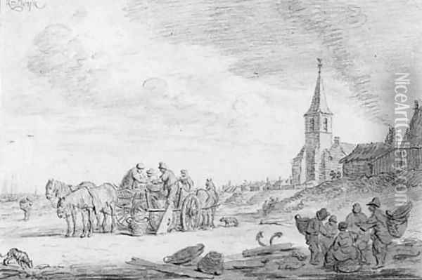 Fishermen loading their catch on a cart on the beach at Katwijk aan Zee Oil Painting - Cornelius van Noorde