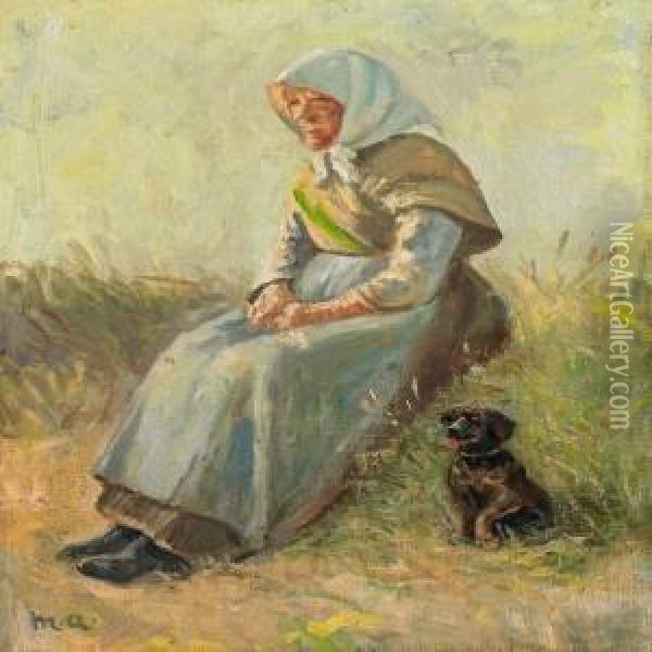 A Woman And Her Dog In The Dunes, Skagen Oil Painting - Michael Ancher