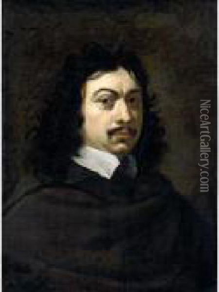 Portrait Of A Gentleman, Half Length, Wearing Black With A White Ruff Oil Painting - Sebastian Bourdon