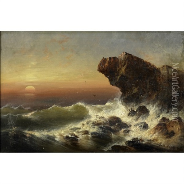 Rough Waters On Rocky Shore Oil Painting - Granville Perkins