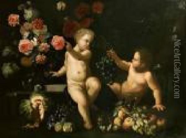 Due Putti Con Rose, Garofani E Altri Fiori E Frutti En Plein Air Oil Painting - Maximillian Pfeiler