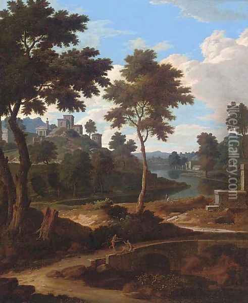 An extensive Italianate river landscape with two men resting on a bridge Oil Painting - Etienne Allegrain