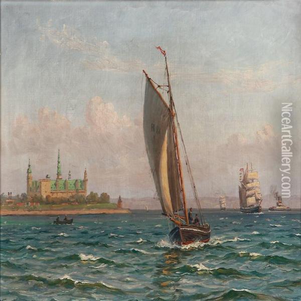 Sailing Ships Near Kronborg Castle Oil Painting - Vilhelm Karl Ferd. Arnesen