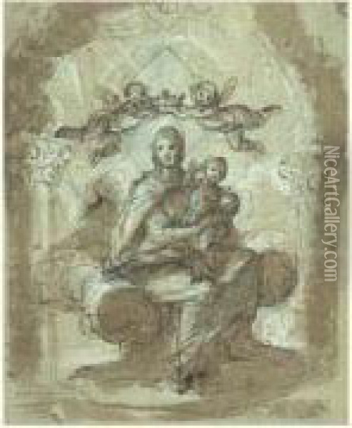 La Vierge Couronnee Par Deux Anges Tenant Dans Ses Bras L'enfant Jesus Oil Painting - Federico Zuccaro