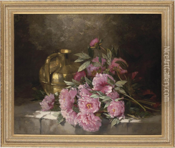 Peonies And A Pitcher On A Ledge Oil Painting - Paul Gagneux